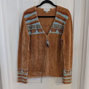 Soft Surroundings Womens Southwest Chenille Cardigan Sweater LARGE Feather Beads